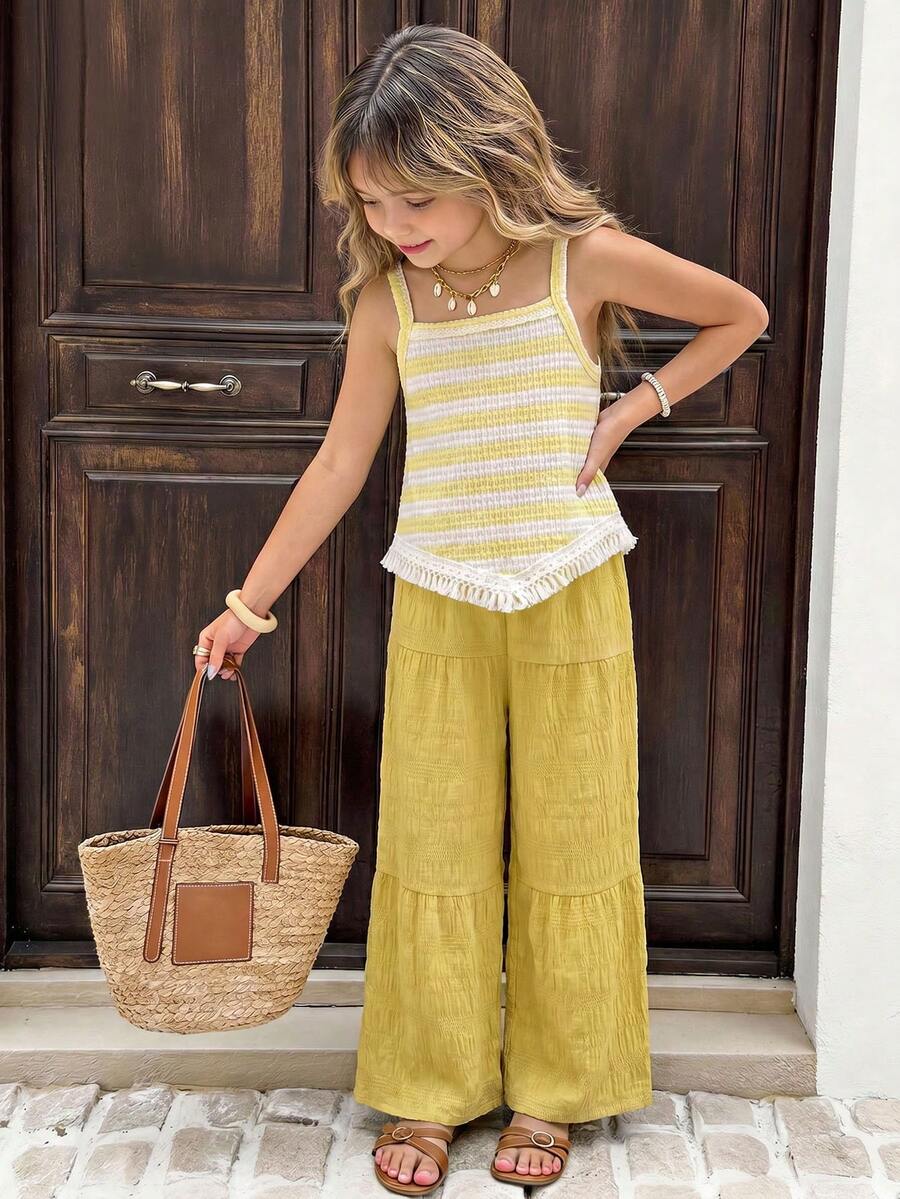SHEIN Elladie kids 2件/套 女童夏季創意3D流蘇裝飾蕾絲拼接不對稱下擺背心與休閒長褲套裝，時尚亮眼夏季度假與外出穿搭