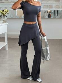 DAZY Women's Solid Color Asymmetrical Shoulder Short Sleeve T-Shirt 2 In 1 Flare Pants Casual Two Pieces Set Summer Dark Grey Night Out Going Out - Grey - View 5