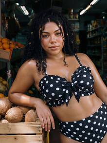 Swim Mod Plus Size Women Polka Dot Ruffle Spaghetti Strap Bikini Top, Suitable For Summer Vacation And Beach 1920s - Multicolor - View 3