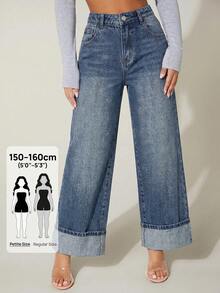 SHEIN PETITE 女款高腰寬腿牛仔褲，休閒日常 & 夏季街頭風女褲，復古深色水洗牛仔褲，復古休閒夏季穿搭 - 深色水洗藍 - 查看 1
