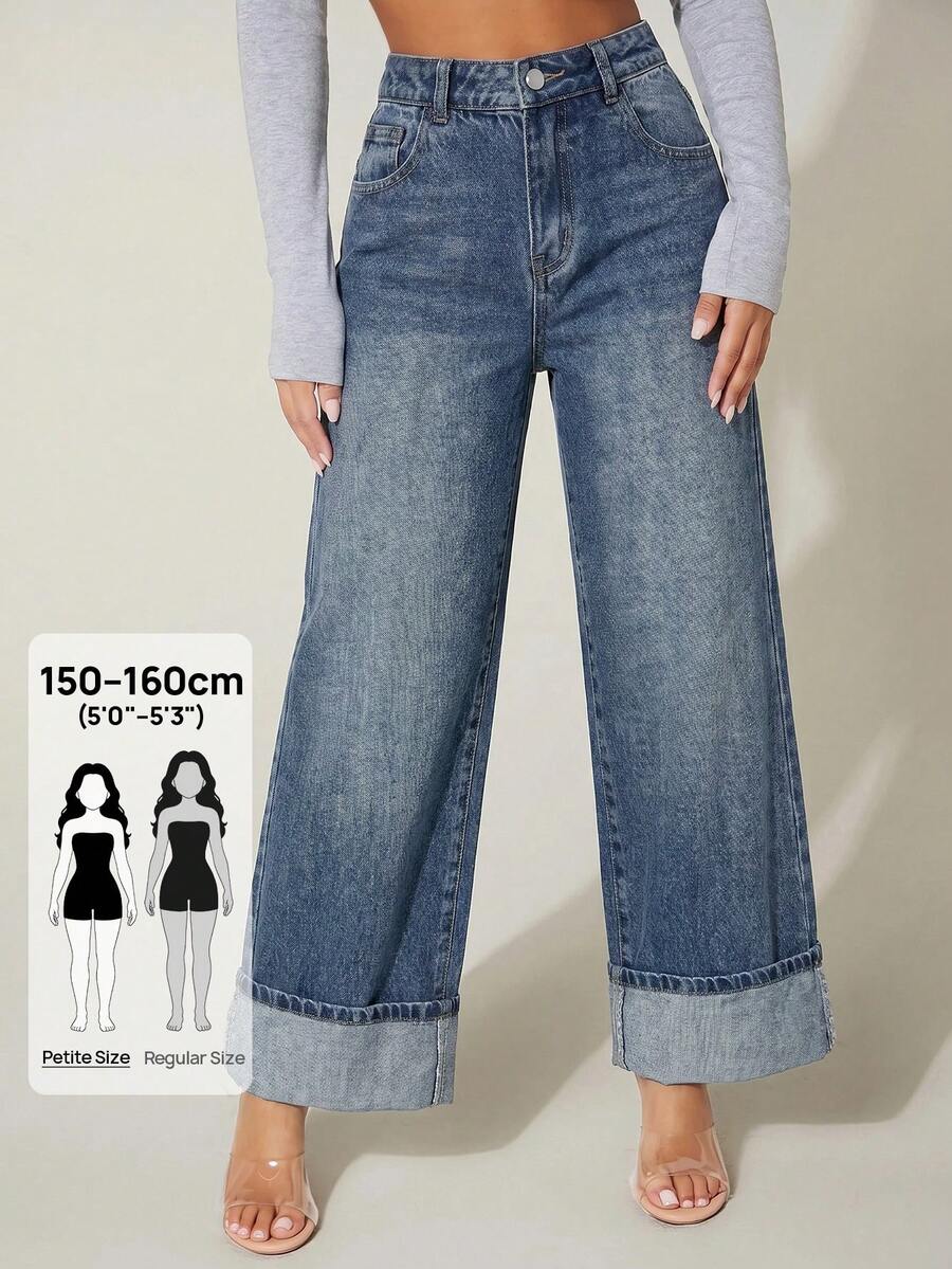 SHEIN PETITE 女款高腰寬腿牛仔褲,休閒日常 & 夏季街頭風女褲,復古深色水洗牛仔褲,復古休閒夏季穿搭 - 深色水洗藍 - 查看 1