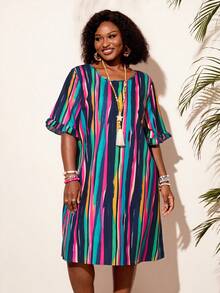 EMERY ROSE Plus Size Women's Round Neck Striped Colorblock Casual Everyday Dress - Multicolor - View 6