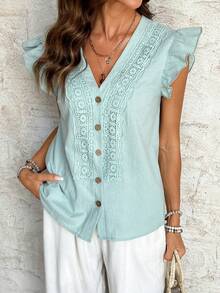 Breezaya Women's Spring/Summer New Casual Vacation Lace Trim Ruffle Sleeve Blouse - Mint Green - View 5