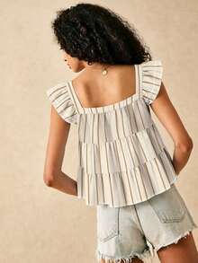 SHEIN Frenchy 女士条纹方领短袖荷叶边下摆衬衫 - 彩色 - 查看 2
