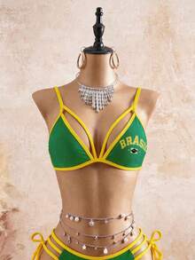 Swim SXY Atasan Bikini Wanita Ukuran Besar Seksi dengan Motif Huruf dan Warna Kontras, Cocok untuk Pakaian Pantai Musim Panas, Warna Kuning - Hijau - View 7