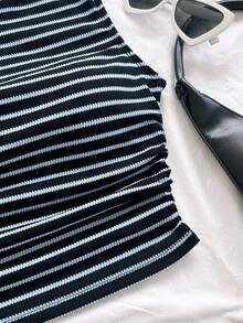 Soleia Sexy Casual One Shoulder Ruched Striped Sleeveless Top No Chest Padding - Multicolor - View 6