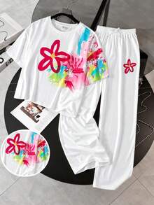 SHEIN Tween女孩休閒日常百搭舒適寬鬆圓領短袖T恤與長褲套裝 - 白色 - 查看 1