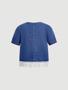 GlowEve CURVE Plus Size Women's Contrast Lace Short Sleeve Shirt And Casual Decent Denim Pants 2 Pieces Set Formal Brunch Light Blue Dusty Blue Summer - Blue - View 8
