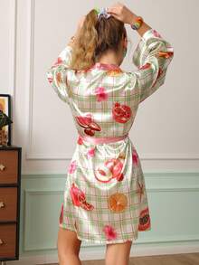 Chillnights Young Shell Fruit Plaid Print Satin Women's Robe - Multicolor - View 2