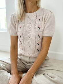 Sprig & Strand 女款春夏新款單件圓領泡泡袖甜美花卉刺繡設計柔軟百搭約會時尚日常修身針織短袖套頭上衣 - 米色 - 查看 2
