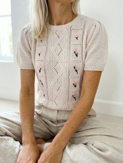 Sprig & Strand Women's Spring/Summer New Single Piece Round Neck Puff Sleeve Sweet Floral Embroidery Design Soft Versatile Date Fashion Daily Slim Fit Knit Pullover Short Sleeve Top