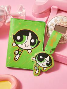 THE POWERPUFF GIRLS X SHEIN 卡通女孩主題金箔PU皮革護照套與行李吊牌組，可愛旅行文件收納夾附名片夾，卡通迷專用旅行行李箱識別標記 - 彩色 - 查看 1
