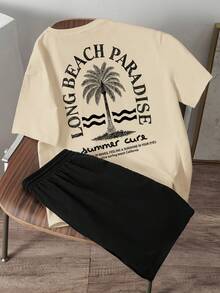 Manfinity Joysei Setelan 2 Potong Pria Ukuran Standar Warna Khaki dengan Motif Huruf dan Pohon Palem serta Celana Pendek Hitam - MultiWarna - View 2