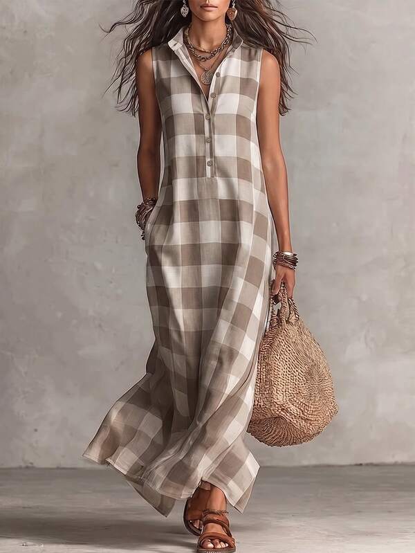 Balvessa Women's Woven Checkered Elegant Sleeveless Summer Long Dress