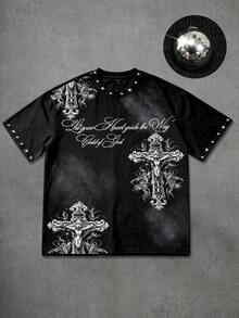 ROMWE MEN Goth 2026 Summer New Fashion Casual Men's T-Shirt Watermark Beaded Heavy Work Street Punk Style Crew Neck Short Sleeve Top - Black - View 6