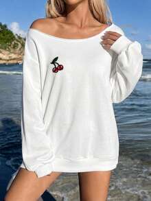 SHEIN EZwear Casual Cute Minimalist Daily Picnic Pool Party Versatile All-Match Cherry 3D Embroidery Beach Wear Vacation Women's Summer Red And White Off-Shoulder - White - View 3