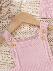 SHEIN Newborn Baby Girls' Pink Knit Romper, Socks & Hat 3-Piece Set, Solid Color & Versatile, Perfect For Daily Wear In Spring, Autumn, And Winter - Pink - View 7