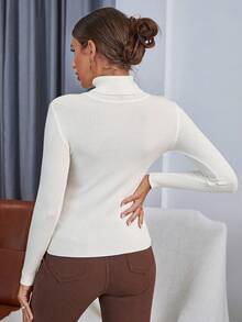 SHEIN 秋冬休閒百搭素色高領毛衣 - 米色 - 查看 2