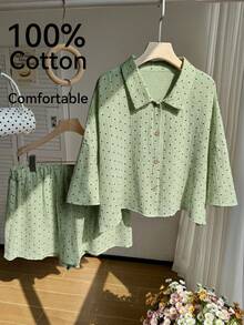 Comfortcana 春夏鼠尾草綠舒適亞麻襯衫與短褲休閒可愛90年代度假大尺碼兩件套休假正式居家穿著 - 綠色 - 查看 3
