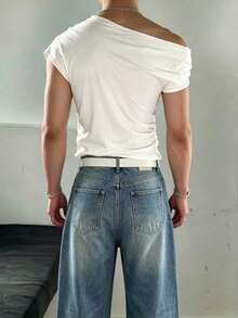 Manfinity Dauomo Men's Casual Solid Color Asymmetrical Collar T-Shirt - White - View 4