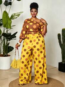 Maweii Plus Size Women's Polka Dot Asymmetrical Shoulder Bell Sleeve Loose Top, Spring/Summer Dopamine Casual - Brown - View 6