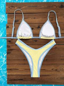 Swim Mod Conjunto de dos piezas de bikini con abertura, cuello halter y lazo, estilo sexy y puro deseo, para vacaciones de aguas termales, primavera/verano 2026 - Amarillo - Ver 4