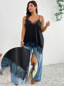 SHEIN Frenchy 大尺碼夏季性感蕾絲拼接不對稱下擺細肩帶背心 - 黑色 - 查看 1