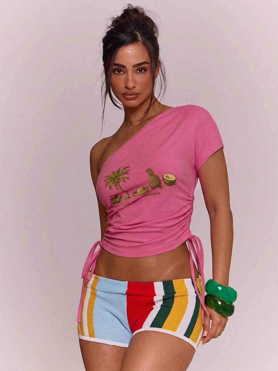 MUSERA Onee Shoulder Ruched Tshirt Cinched Waist Spring Summer Vacation Holiday Ibiza Boho Elegant Casual Carnival Festival - Pink - View 1