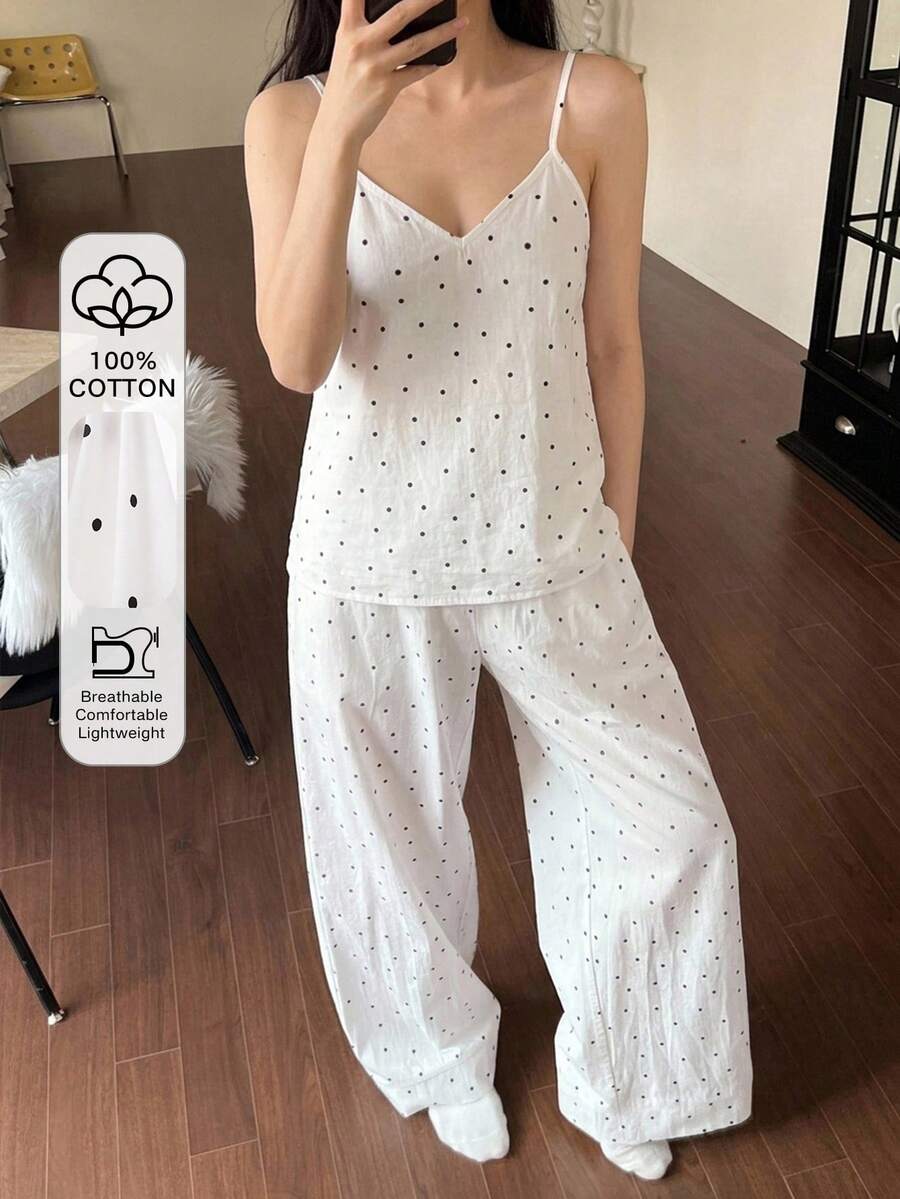 DAZY 2件組波點滿版印花無袖細肩帶背心上衣與直筒長款睡褲女款夏季睡衣套裝 - 白色 - 查看 1