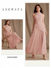 Anewsta 春夏新款優雅時尚性感露肩波點掛脖無袖長版洋裝，適合度假、約會、婚禮、外出 - 淺粉色 - 查看 8
