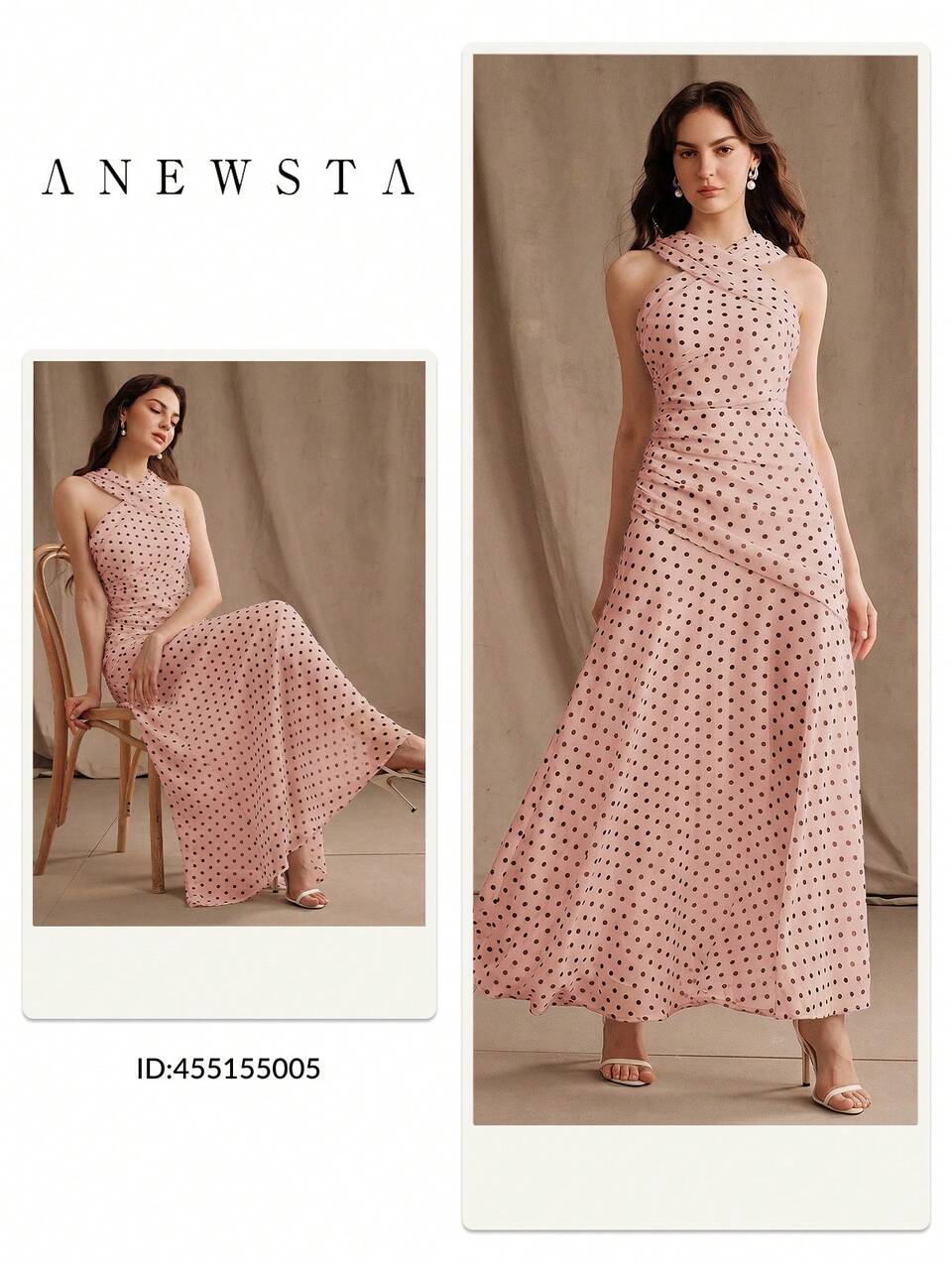 Spring/Summer New Elegant Fashion Sexy Cold-Shoulder Polka Dot Halter Neck Sleeveless Long Maxi Dress For Vacation, Date, Wedding, Outing