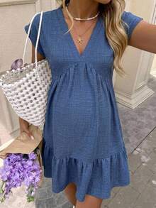 SHEIN Summer Outfit,Maternity Dusty Blue Dress Pregnant Women's Textured Vacation Ruffle Hem Fashionable Business Casual Photoshoot Maternity Photoshoot - Dark Wash - View 2