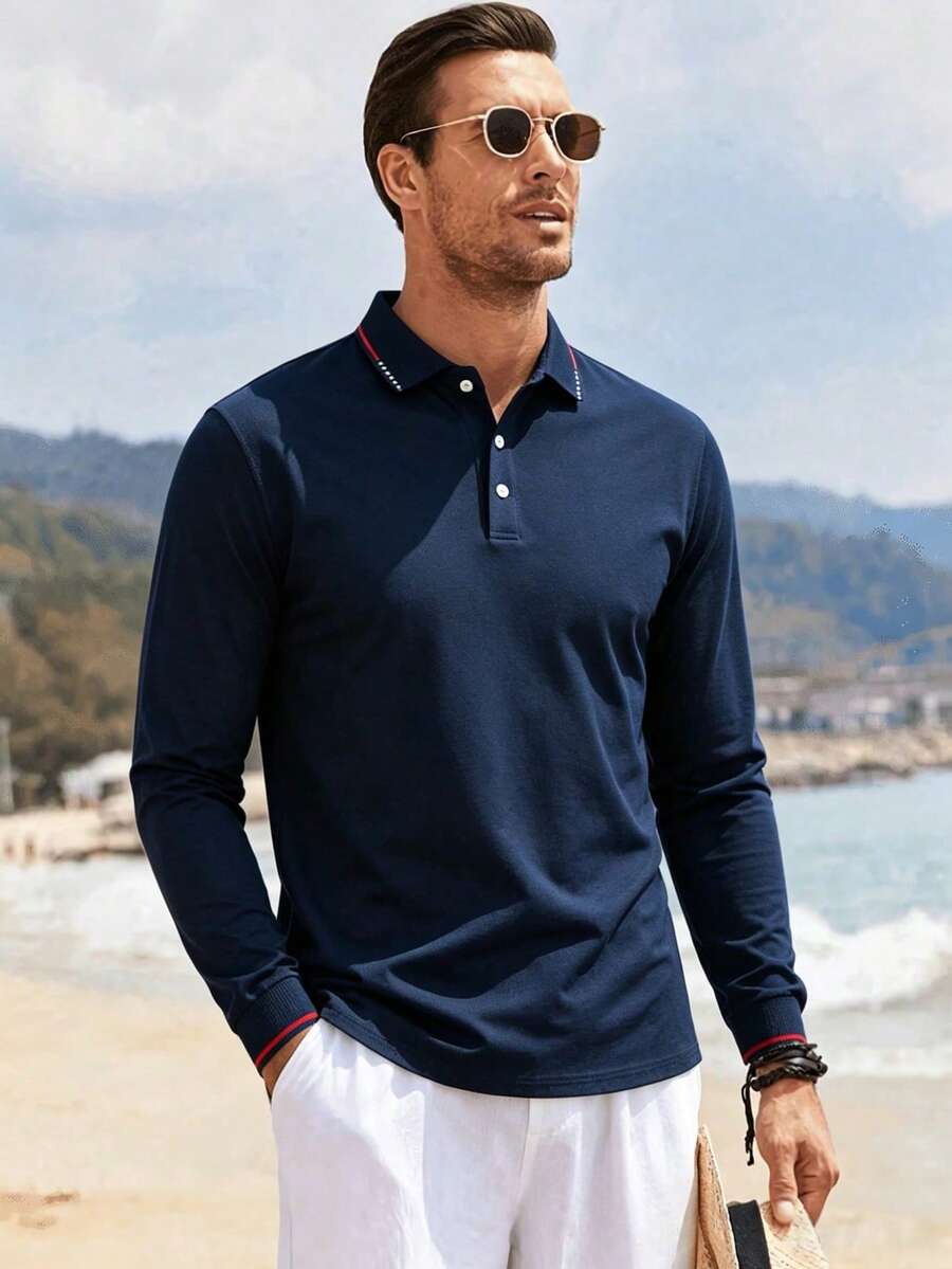 Manfinity Homme 男士對比飾邊 Polo 衫,男士長袖 Polo 衫,男士高爾夫球衫,男士藍色上衣,秋季,正式 - 藏蓝色 - 查看 1