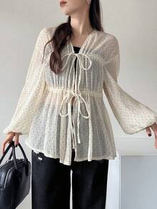 FRIFUL Women's Polka Dot Tie-Front Casual Versatile Daily Outing Shirt Summer Long Sleeve - Black - View 8