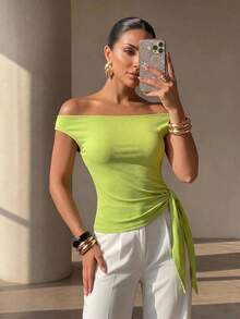 Structelle Summer Casual Solid Color Off-Shoulder Tie-Front Top - Green - View 1