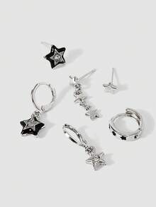 MortiRose 6pcs Minimalist Metal Black Drip Oil Star Hoop Earrings & Stud Earrings Set, Multi-Piece Earring Set For Party - Black Star - View 4