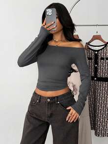 Black Off-Shoulder Fitted Casual Long Sleeve Basic Base Layer T-Shirt - Dark Grey - View 7