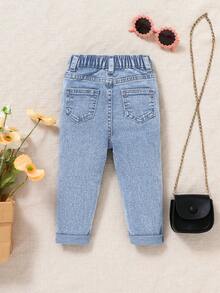 SHEIN Baby Girl Casual Versatile Denim Jeans With Pockets - Light Wash - View 2