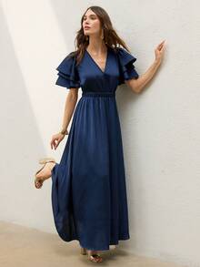 CielaLinda Women's Ruffle Short Sleeve V-Neck Maxi Dress For Summer Vacation, Wedding Guest Dress, Holiday Dress, Blue Dress, Maxi Dress, Prom Dress, Party Dress - Navy Blue - View 5