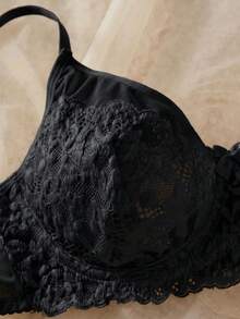 Crystal Vow Lace Patchwork Solid Color Underwire Push-Up Semi-Sheer Unlined Women's Bra - Black - View 3