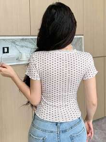 Livesso 女款愛心印花蕾絲飾邊夏季睡衣上衣 - 白色 - 查看 2