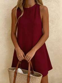 Vaclyn Women's Solid Color Round Neck Sleeveless Casual Vacation Fashion Dress - Burgundy - View 4