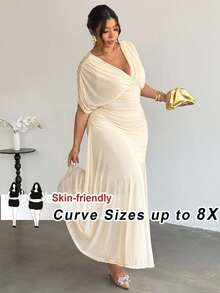 SHEIN CURVE+ 大码舒适休闲优雅度假风褶皱V领弹力腰摆长连衣裙，春夏款 - 杏色 - 查看 1