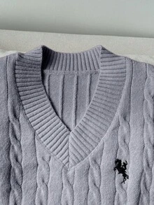 SHEIN 青少年女孩淺杏色V領刺繡針織背心毛衣，柔軟舒適，適合日常、外出、旅行、度假、居家、托兒所與遊戲時間 - 灰色 - 查看 4