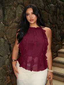 Firerie Plus Size Women's Summer Elegant Solid Color Ruffle Backless Halter Neck Top Vacation Burgundy - Purple - View 5