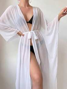 Swim Vcay 女款純色蝙蝠袖和服式罩衫，附可拆式腰帶，度假穿搭 - 白色 - 查看 4