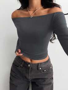 Black Off-Shoulder Fitted Casual Long Sleeve Basic Base Layer T-Shirt - Dark Grey - View 8