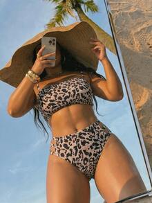 Slaydiva 2026 New Spring/Summer Plus Size 2-Piece Leopard Print Random Pattern Bikini Set With Front Ruched Design And Detachable Shoulder Straps For Women, Suitable For Beach Vacation Wear - Multicolor - View 3