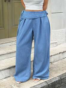 Rivivi Plus Size Women's Non-Stretch Denim Jeans, Rolled Waistband Tie-Up Light Wash Loose Fit Wide Leg Casual Pants, Cowboy Outfits For Women - Light Wash - View 5