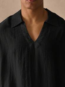 Musero Oversized Short Sleeve Deep V Neck Collared Drop Shoulder Thick Hem Linen Shirt Spring Summer Essentials Beachy Holiday - Black - View 2